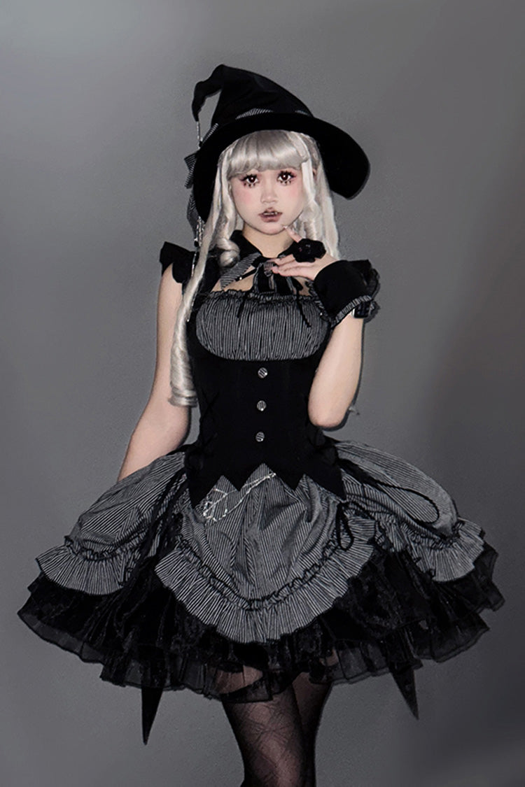 Gothic Lolita Dress with Triple-Layered Ruffle, Bowknot, Lace, Grey Potions