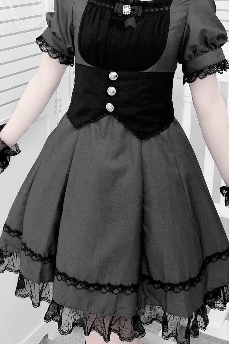 Slate Short Sleeve Ruffle Bow Cross Waist Maid Sweet Japanese Dress Set