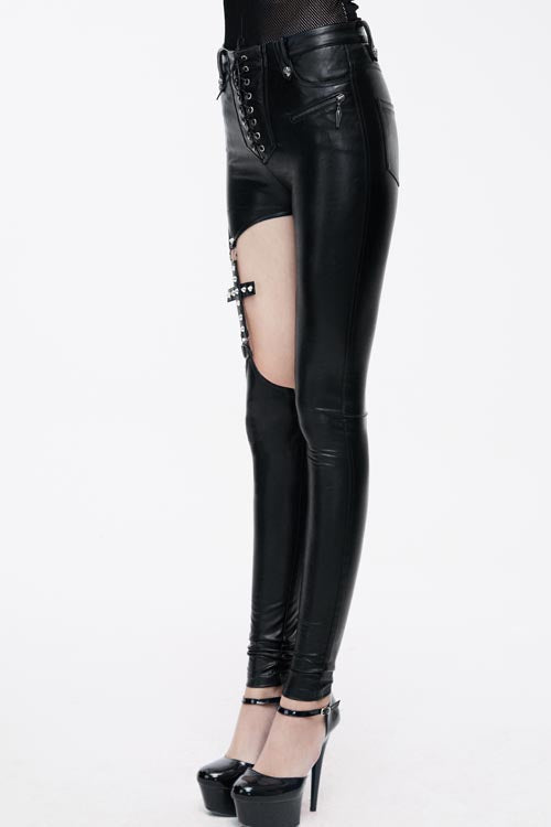 Women's Punk Pants with Hollow Out Cross Shaped Elastic Sexy Tight Leather Design