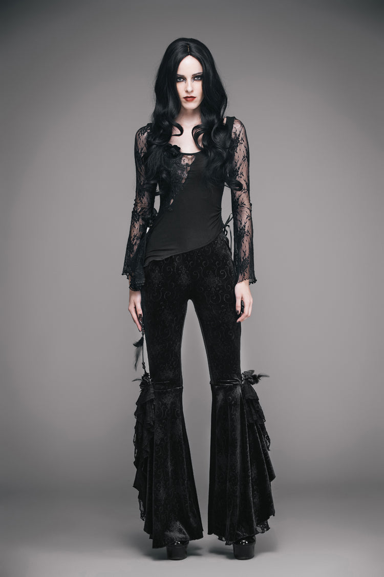 Women's Gothic T-Shirt in Black with Rose Decoration, Flare Sleeves & Irregular Lace Hem