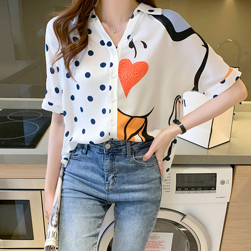 Heart Polka Dots Print Blouse Workwear