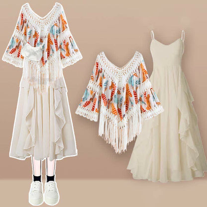 Sweet Boho Print Fringed Hollow Out Shirt Pleated Skirt Slip Dress