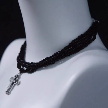 Silver Cross Pendant Black Multi Layers Necklace