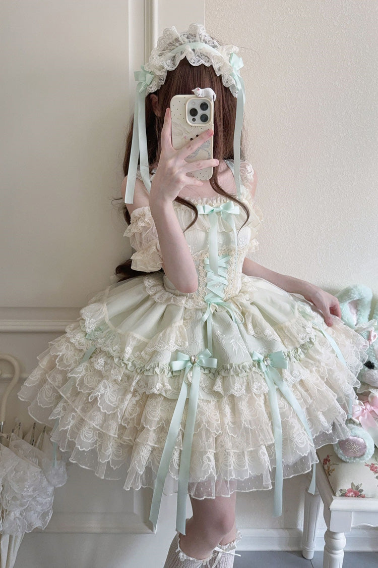 Emerald Sleeveless Layered Ruffle Bow Lace Corset Ballet Jumper Dress - Ribbon Heart Love