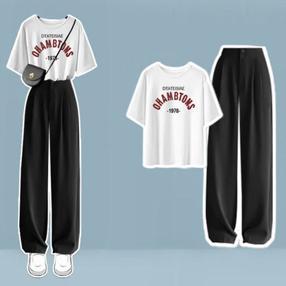 Cartoon Print T-Shirt High Waist Wide Leg Pants