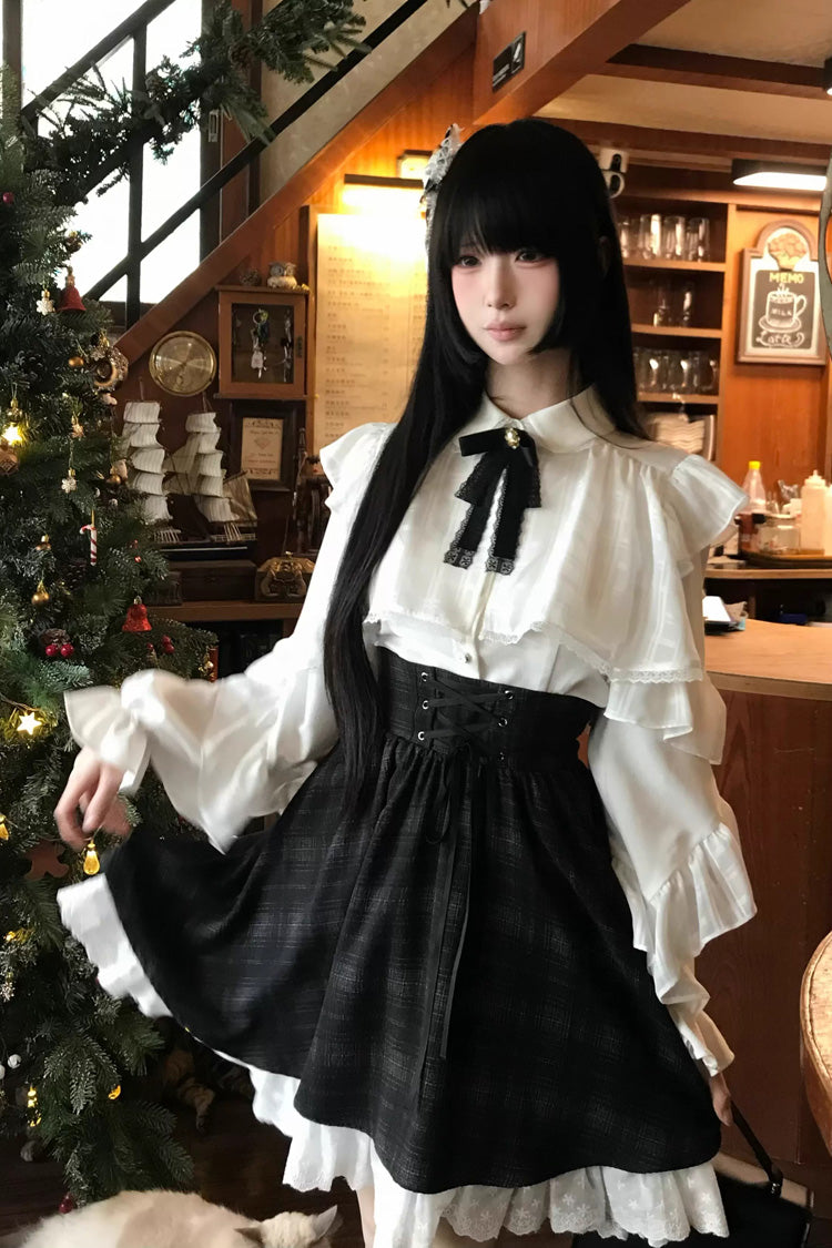 Monochrome Plaid Lace-Up Sweet Jirai Kei Skirt Set
