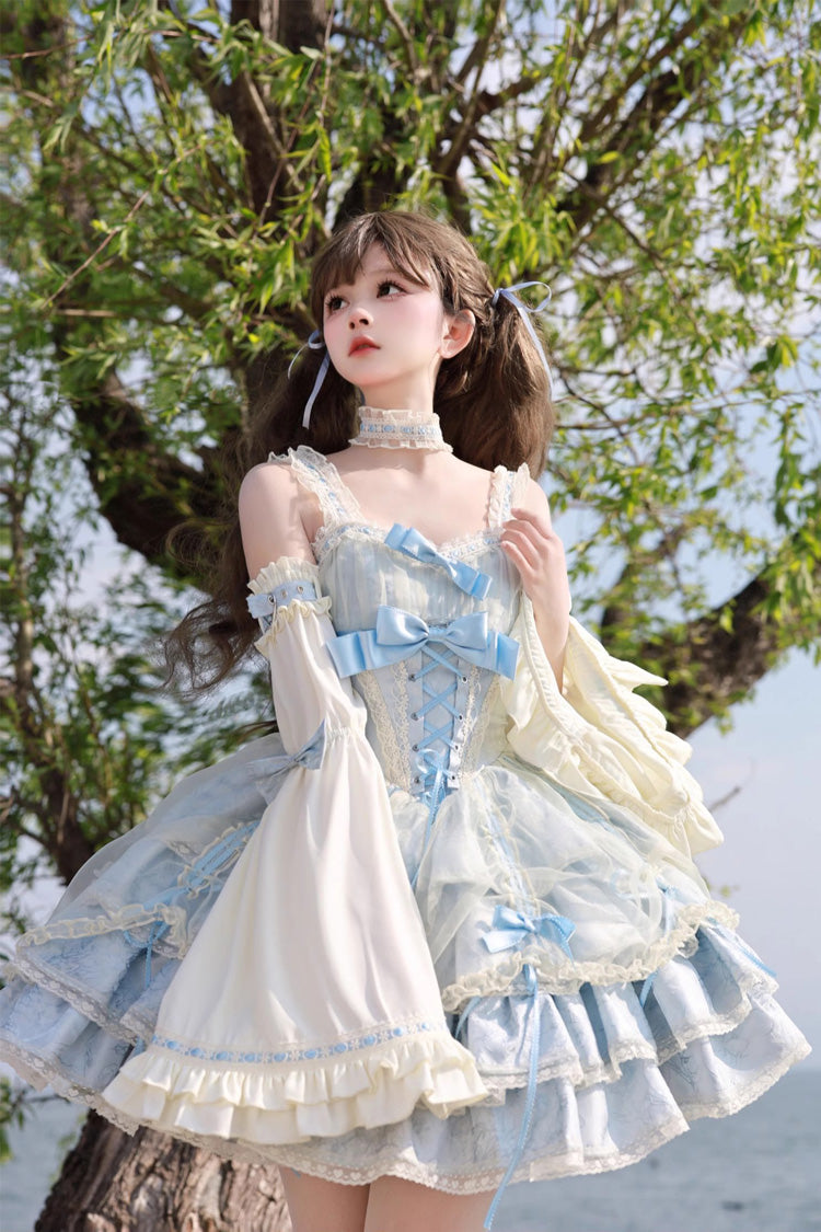 Azure Strapless Tiered Ruffled Bow Corset Princess Lolita Jumper Dress