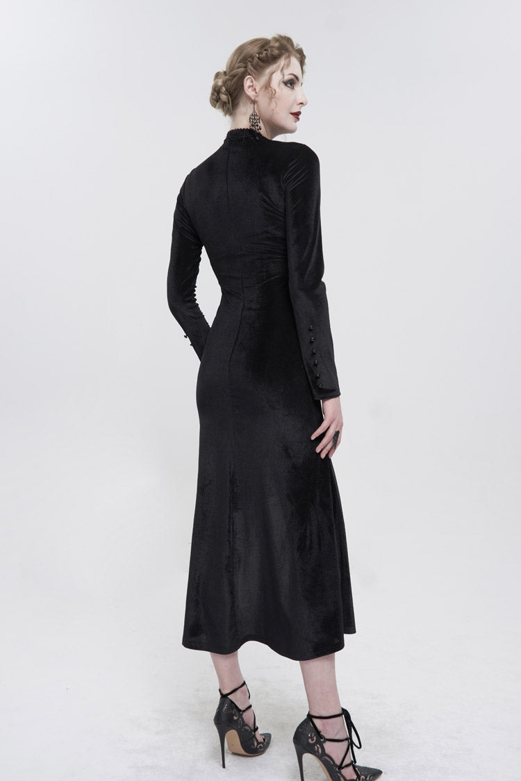 High Collar Paisley Lace Mesh Dress with Asymmetric Hem - Black Gothic