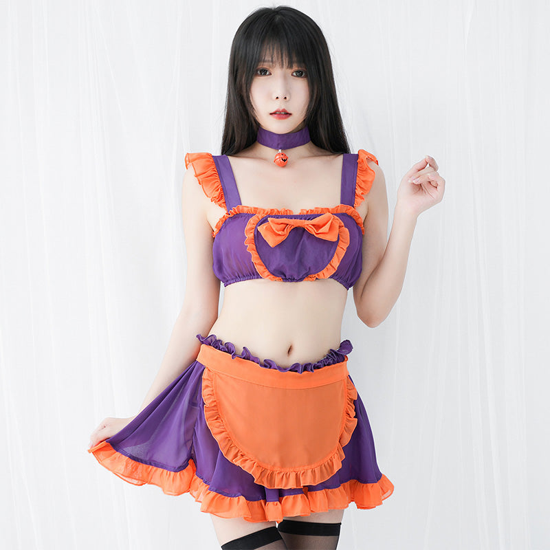 Pumpkin Bell Bow Decor Chiffon Maid Lingerie Set