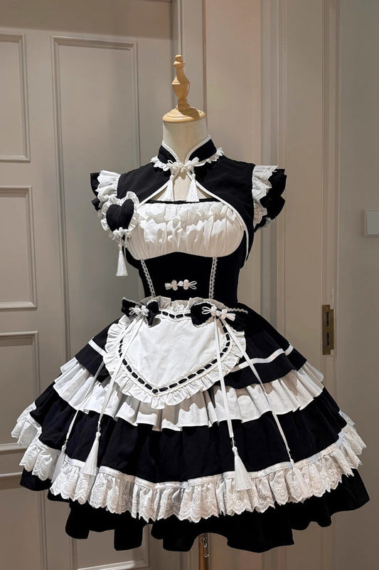 Black and White Layered Ruffle Cheongsam Maid Dress - Gothic Fusion