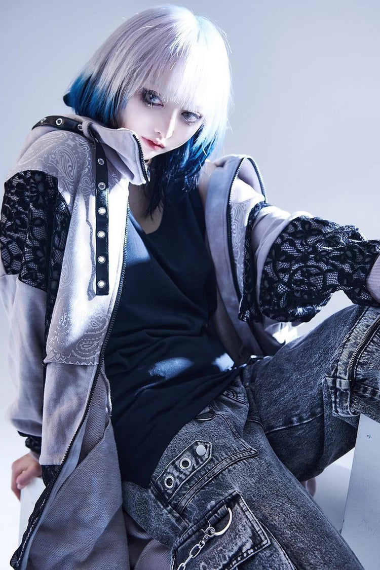Color Blocked Tie-Dye Hooded Zip Coat with Print