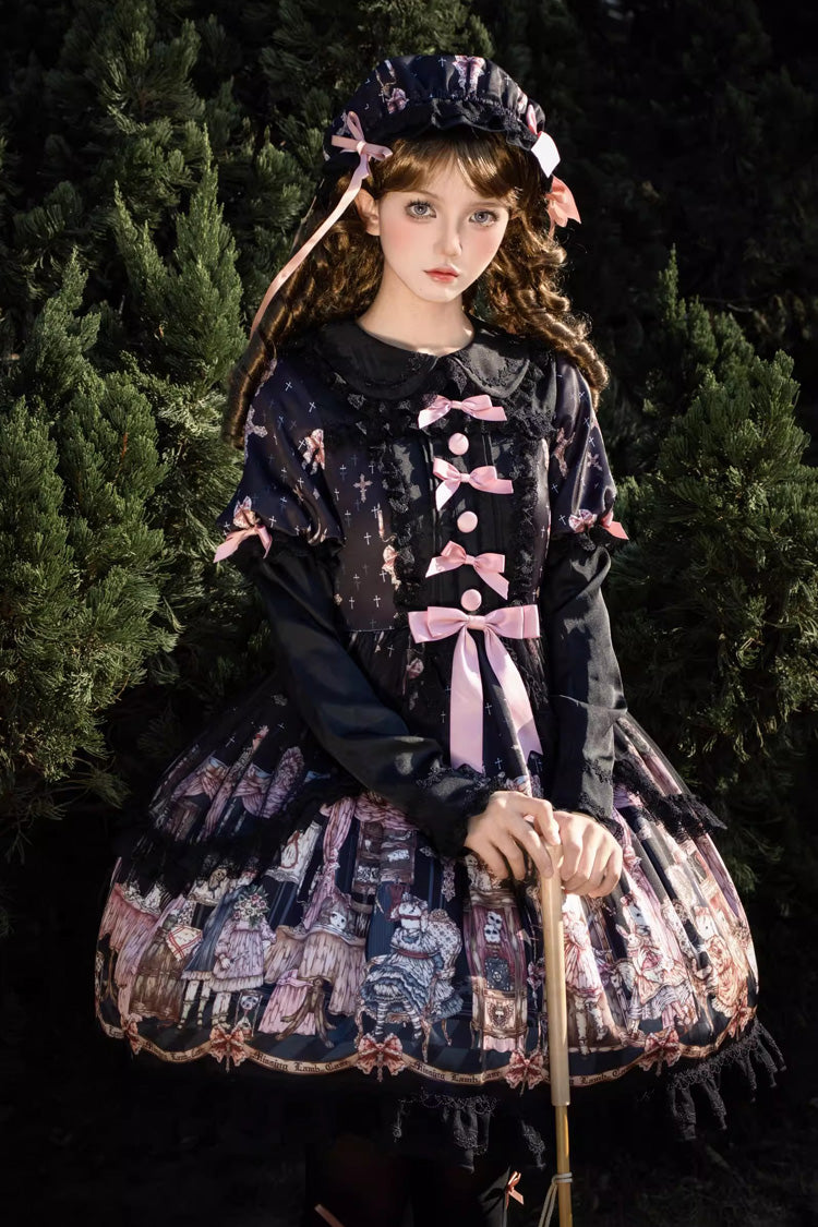 Ruffled Lace Dress with Bowknot and Missing Lamb Print