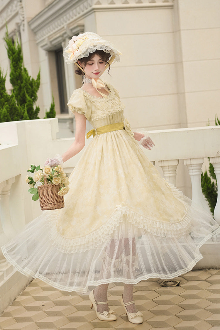Golden Square Collar Short Sleeve Printed Ruffle Lace Sweet Elegant Long Gown - Falling Flowers as a Message