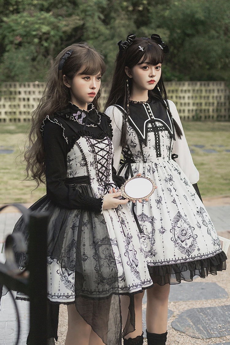 Monochrome Lace Butterfly Print Gothic Lolita One-Piece Dress