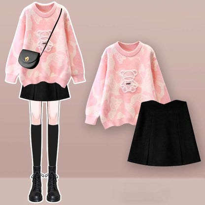 Cartoon Bear Print Sweater Split Skirt Set