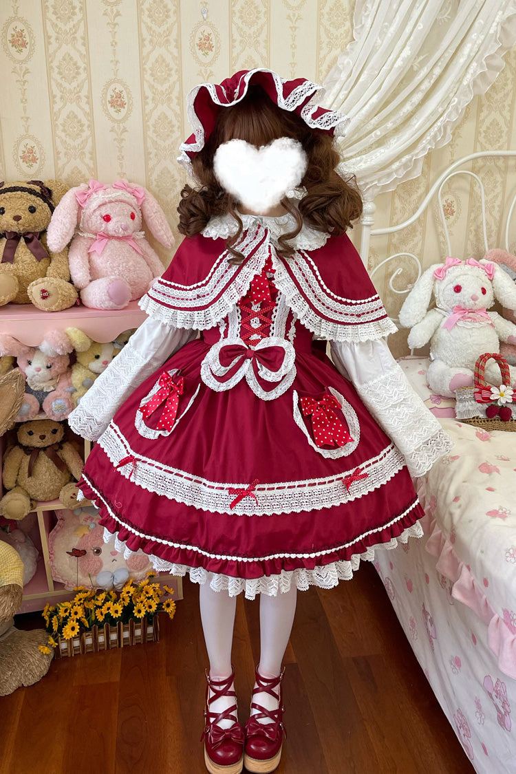 Red [Bobo Bunny Doll] Printed Ruffled Bow Lace-Up Sweet Lolita Jsk Dress 2 Colors