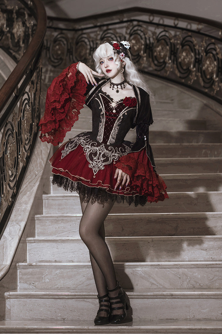 Black Red Blood Clan Feast Ruffle Embroidery Lace Gothic JSK Set