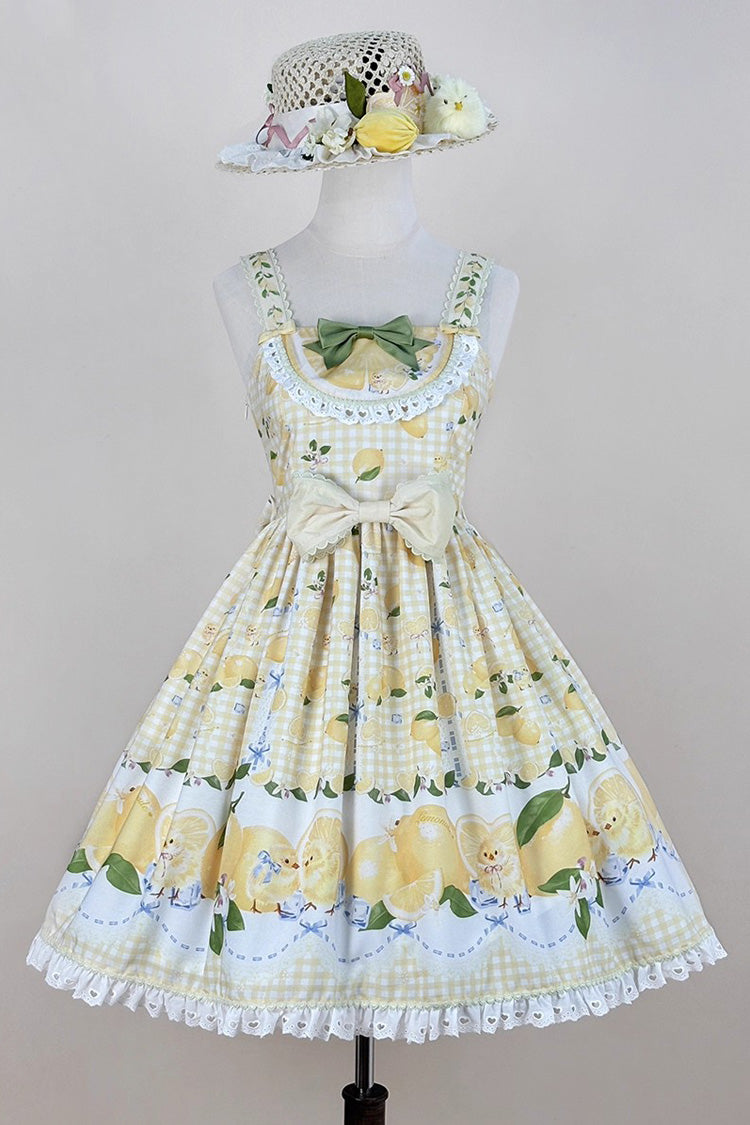 Sunshine Printed Ruffle Bow Lace Sweet Jumper Dress - Lemon Chicken