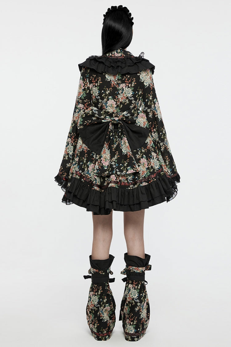 Charcoal Long Sleeve Floral Print Ruffle Gothic Kimono Dress Set