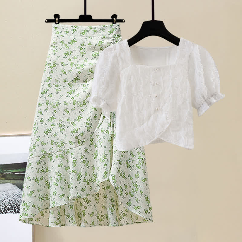 Sqaure Collar Pure Color T-Shirt Floral Print Skirt Set