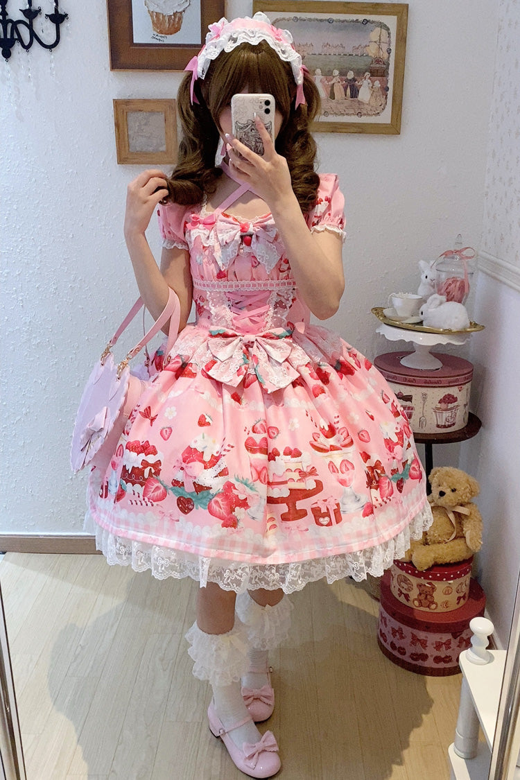 Pink Strawberry Parfait Print Ruffle Bow Lace-Up Lolita Dress