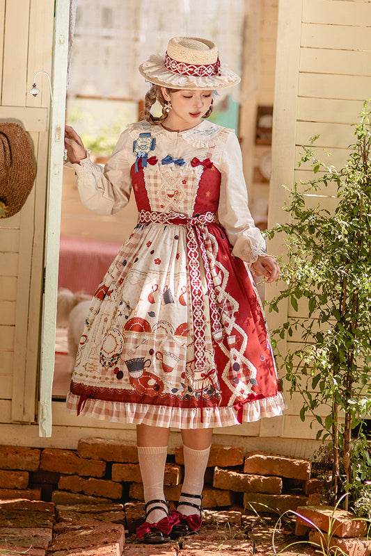 Scarlet Tea Party Printed Ruffled Bow Lace Sweet Elegant Lolita Jumper Dress