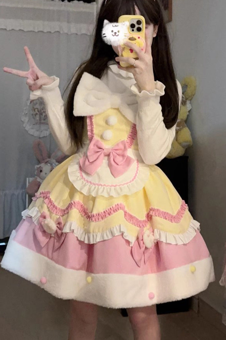 Winter Ruffle Bowknot Sweet JSK Dress in 3 Shades - Cream Snow Cat