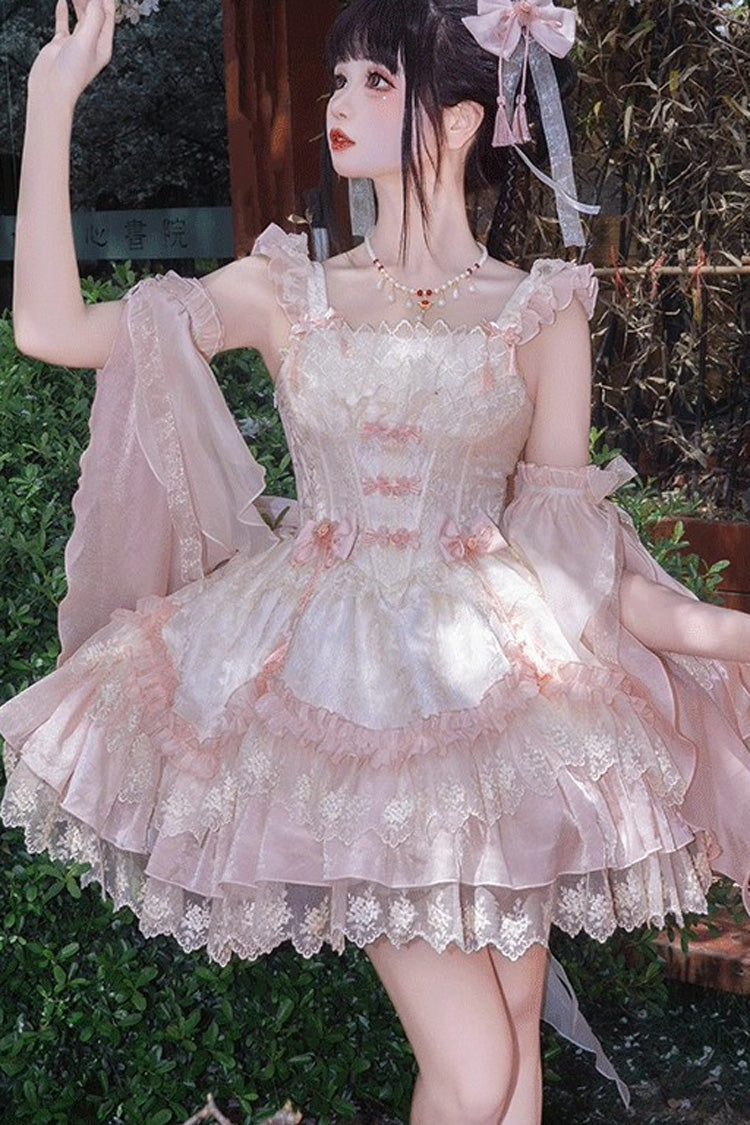 Blush Ruffle Embroidered Bow Chinese Style Elegant Sweet Jumper Dress - Lyrics in the Midst of Flowers