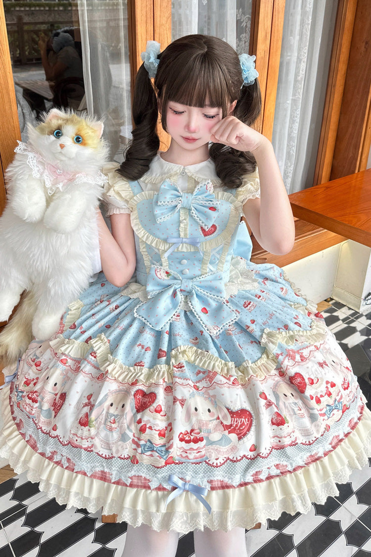 Blue [Cute Rabbit Party] Sleeveless Double-Layered Printed Ruffled Bow Sweet Lolita Jsk Dress