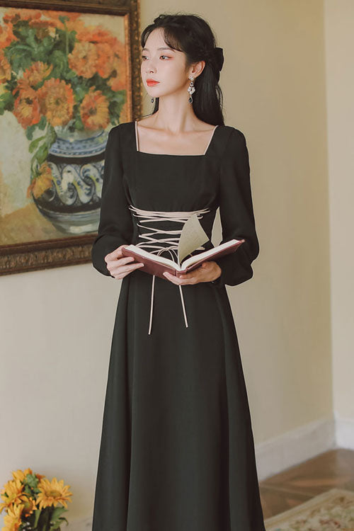 Black Square Collar Long Sleeve High-Waist Classic Lolita OP - European Manor