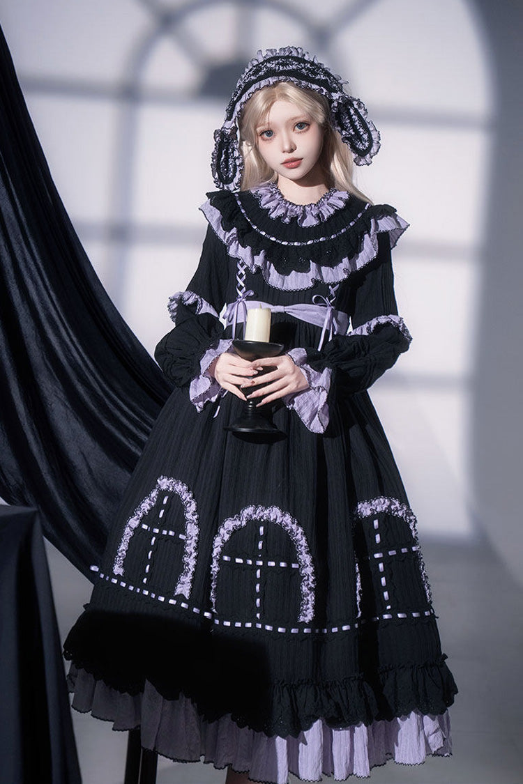 Noir Round Collar Long Sleeve Double Ruffle Lace-Up Dress - Twin Lilian