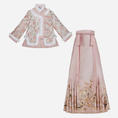 Pink Floral Embroidery Coat High Waist Pleated Skirt