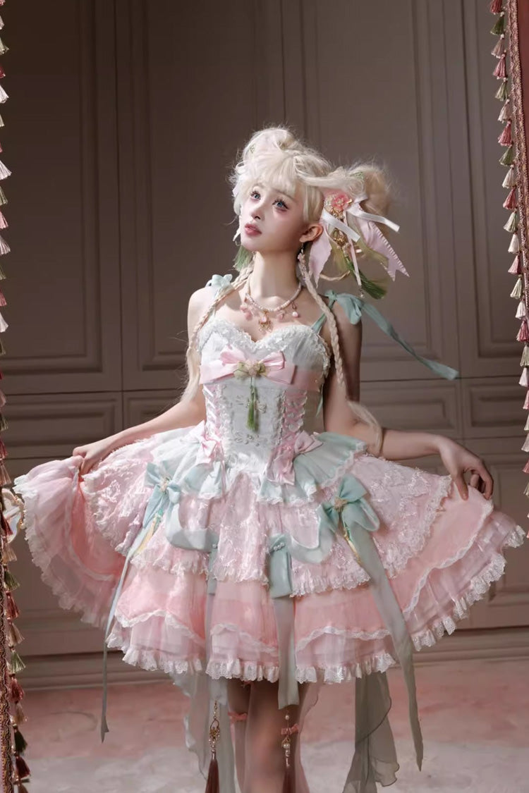 Pink Green Summer Lotus Breeze Sleeveless Double-Layered Ruffled Bow Lace-Up Sweet Chinese Style Ballet Jsk Dress