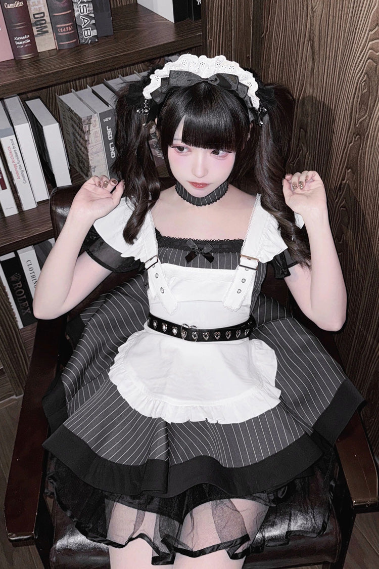 Jirai Kei Dress with Stripe Print, Ruffle, Short Sleeves, Grey/Black