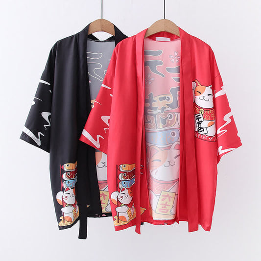 Lucky Cat Print Cardigan Kimono Outerwear