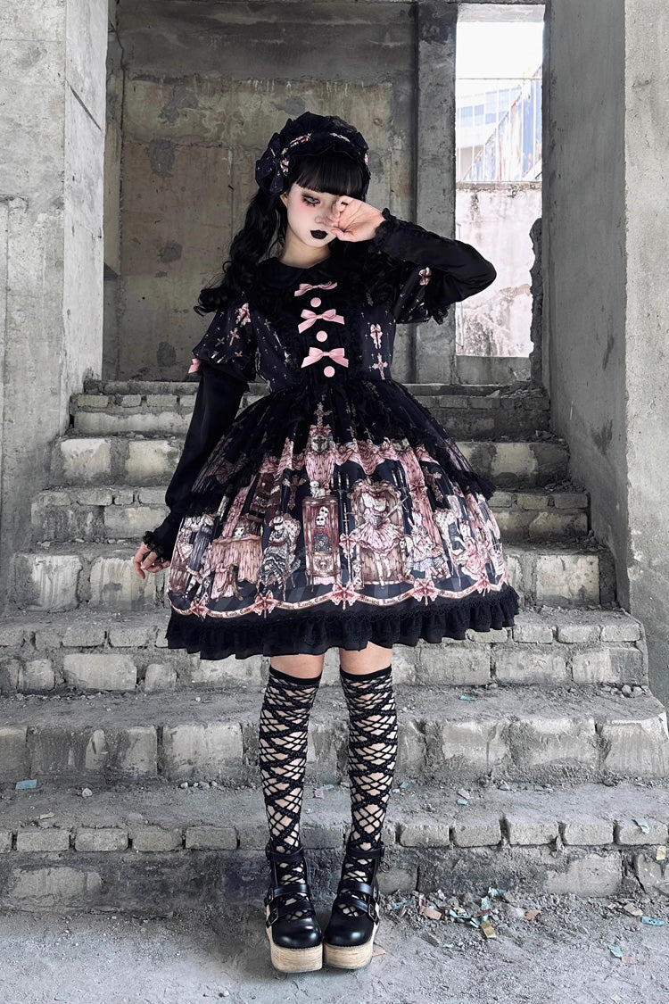 Ruffled Lace Dress with Bowknot and Missing Lamb Print