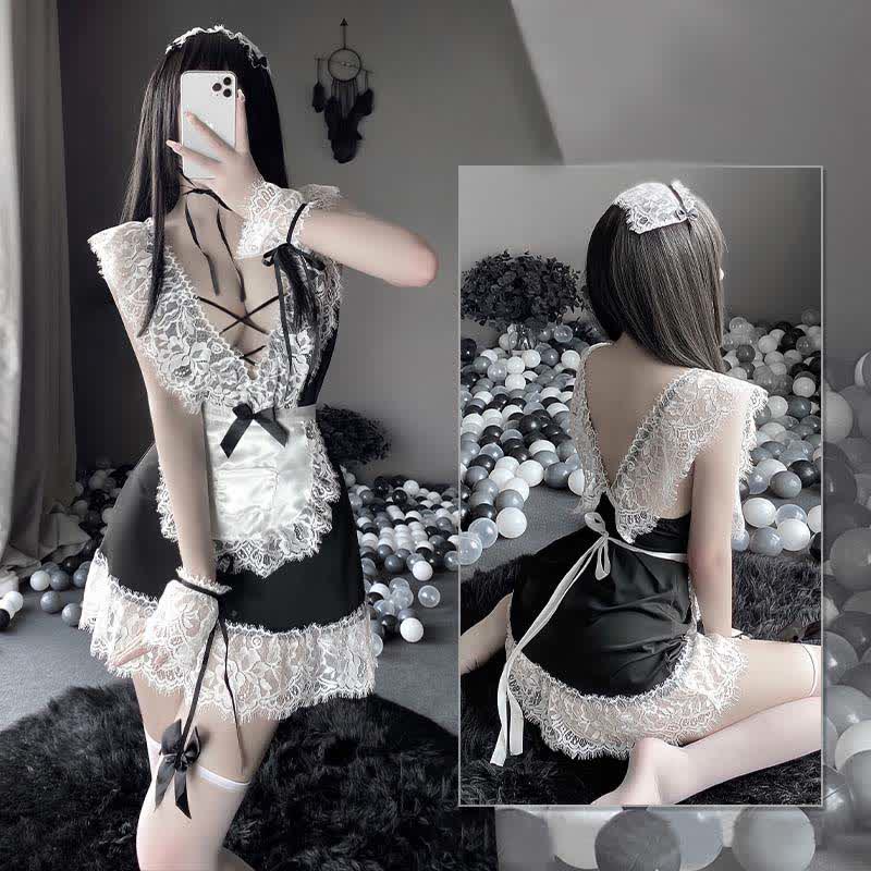 Cosplay Black Bow Maid Deep Lace Lingerie Dress