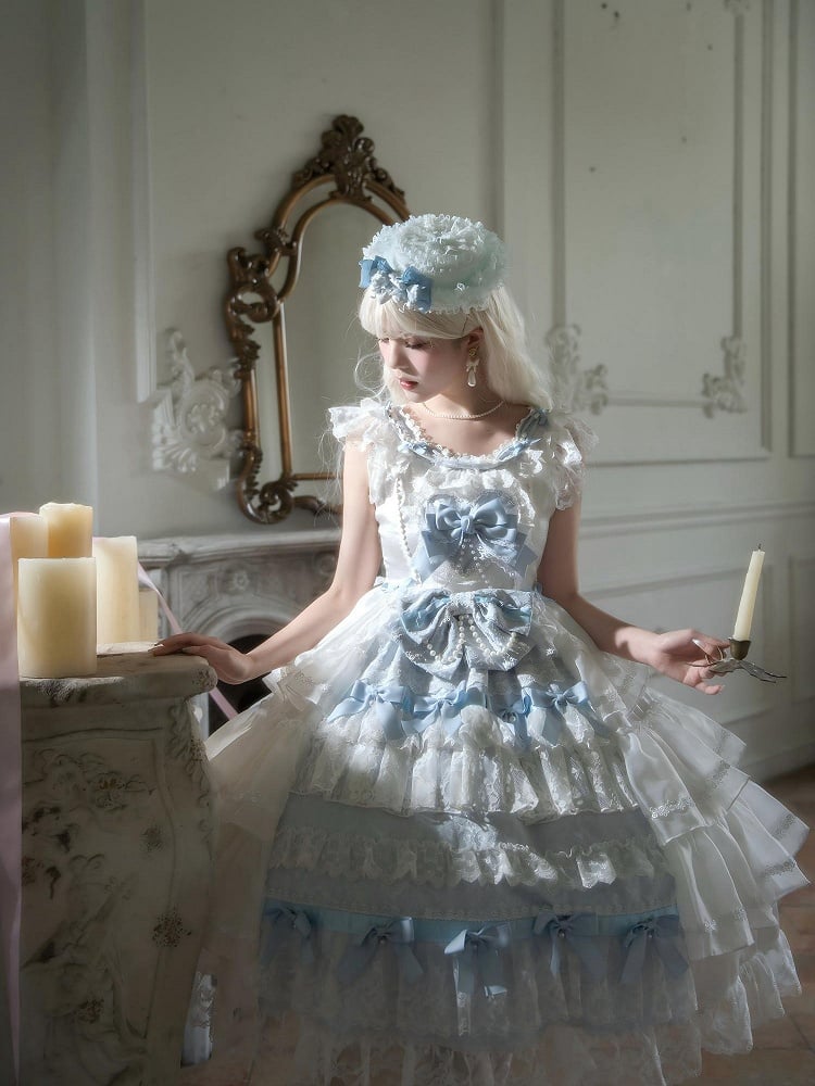 and Hanayome White Hime Full Tiered Skirt Bows Decoration Blue Dress Lolita Set JSK