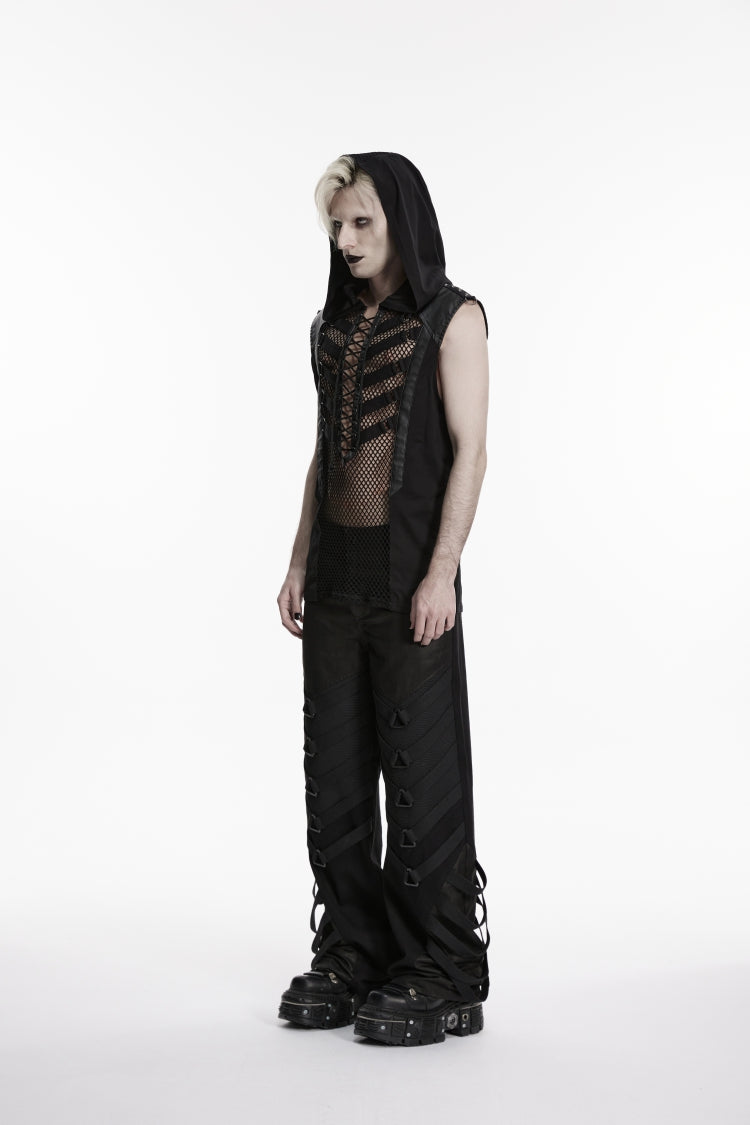 Noir Punk Vest with Hood and Lace-Up Front