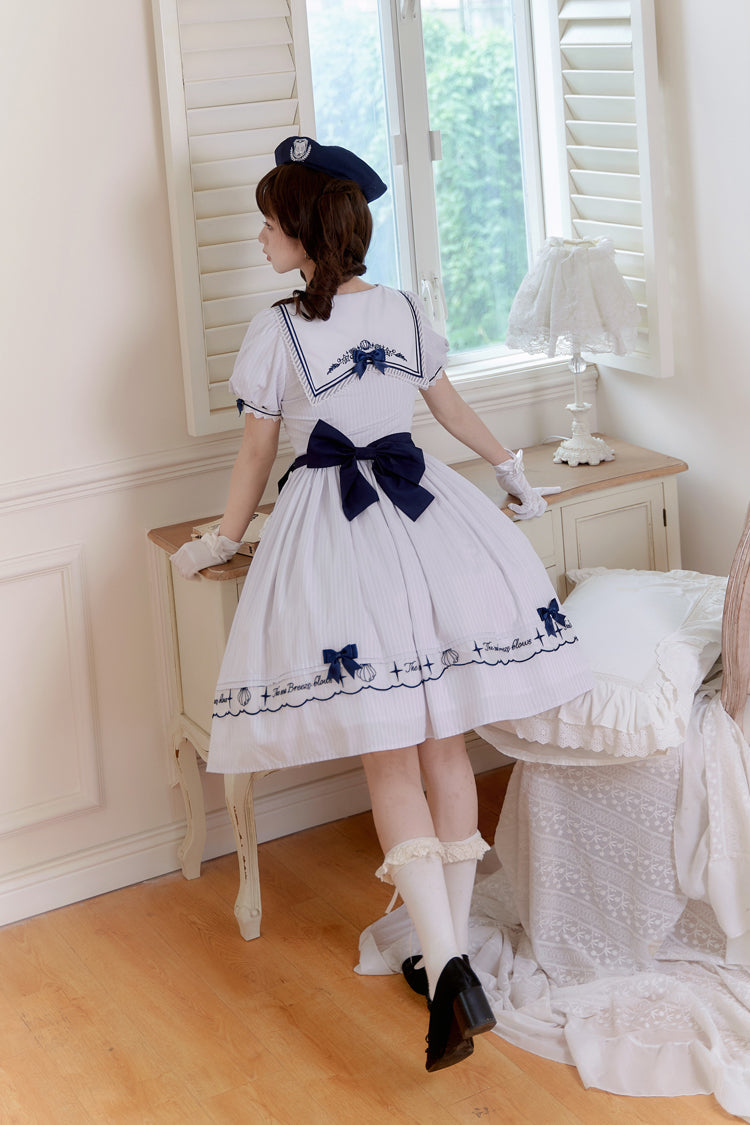 Navy Stripe Short Sleeve Ruffled Embroidery Sweet Lolita Dress