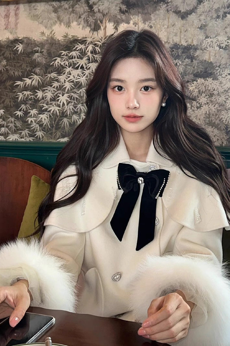 Ivory Bow Accent Sweet Princess Cape Coat