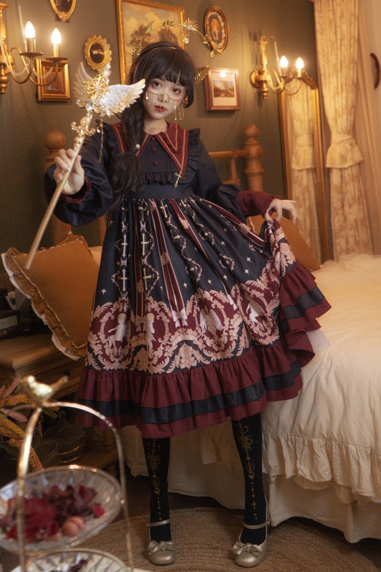 Angel Print Long Sleeve Sweet Lolita Dress with Bow and Ruffles