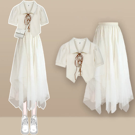 White Lace Up Polo T-Shirt Irregular Tulle Skirt modakawa