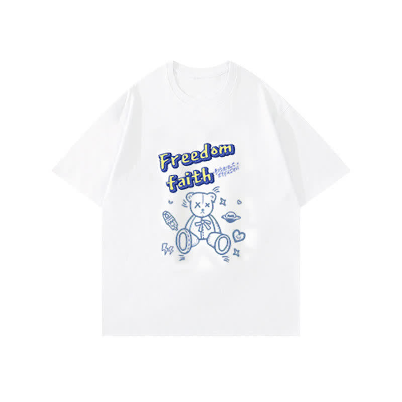 Cartoon Bear Letter Print T-Shirt Blue Pantskirt