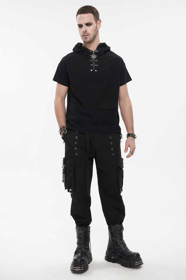Men's Punk T-Shirt with Hooded Mesh Splice Zipper Back Openwork Lace-Up Casual Short Sleeve