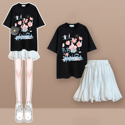 Tulip Cherry Blossom Print T-Shirt Pleated Skirt Set