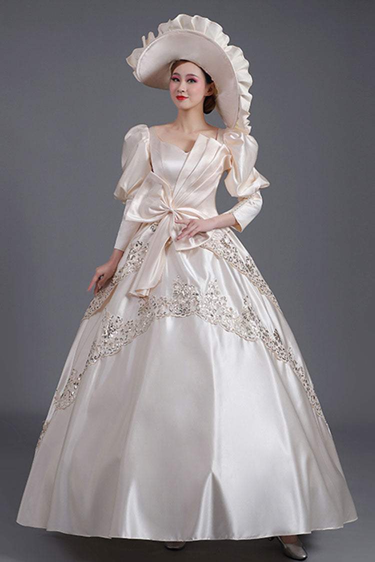 Champagne Victorian Dress with Asymmetric Bow and Lace - Altfashion Shop