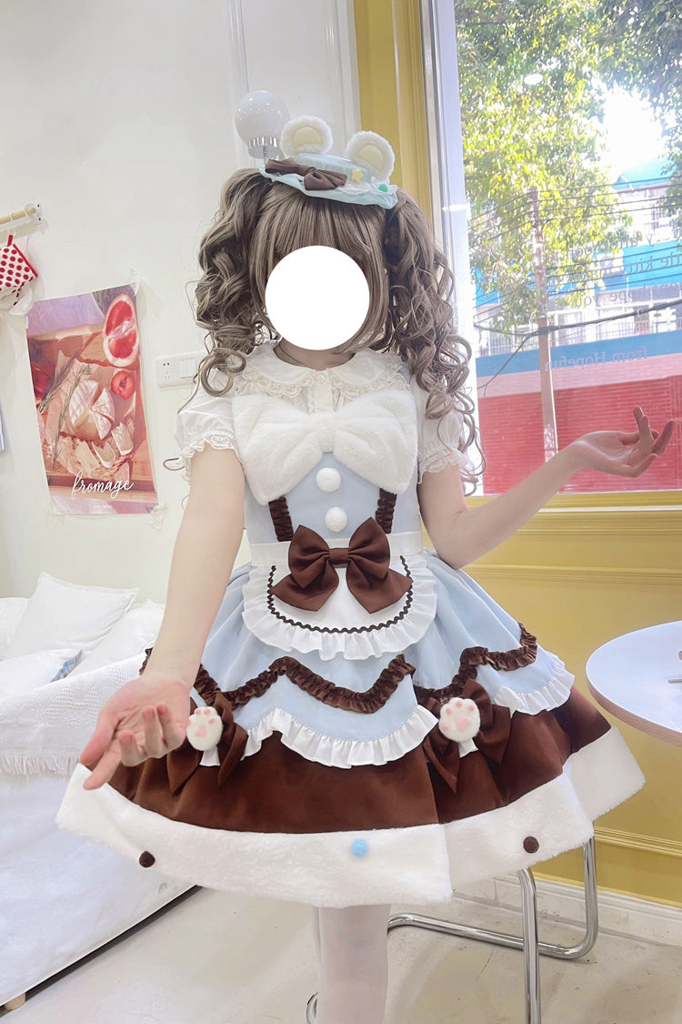 Cream Snow Cat Winter Ruffle Bowknot Sweet Lolita JSK