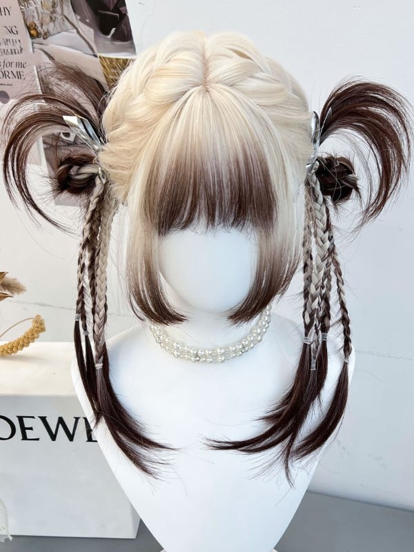 And Wig With White Hair Ombre Brown Synthetic Color Full Bangs Braided