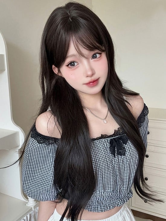 Wig Curtain 73CM Length With Bangs Wavy Tea Black